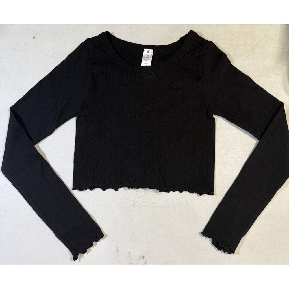 K-0199-Yogalicious Girls M 10 Black Long Sleeve Crop Top Lettuce Hem Stretch